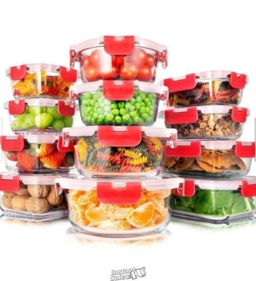Serenelife (24) Superior Glass Food Storage Containers Set- Stackable Design-Red