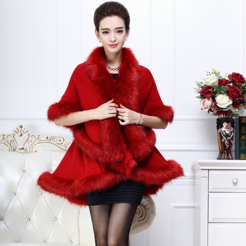Lady Knit Poncho Cape Faux Fur Collar Wrap Shawl Warm Cloak Cardigan Sweater Top - Picture 17 of 22