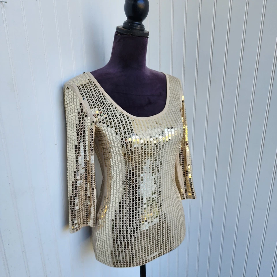 Top Express Gold Lentejuelas 100 % Algodón Pima Para Mujer Pequeño Glamour Manga 3/4 Talla XS  Foto 2 de 4