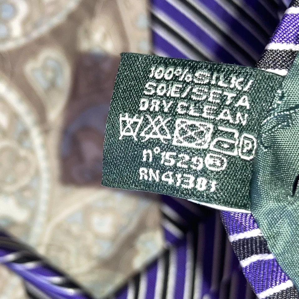 Corbata Lauren Ralph Lauren púrpura blanco y negro a rayas de seda hecha a mano Foto 4 de 4