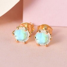 Rainbow Moonstone Studs Earrings Round, 925 Sterling Silver in Yellow Gold