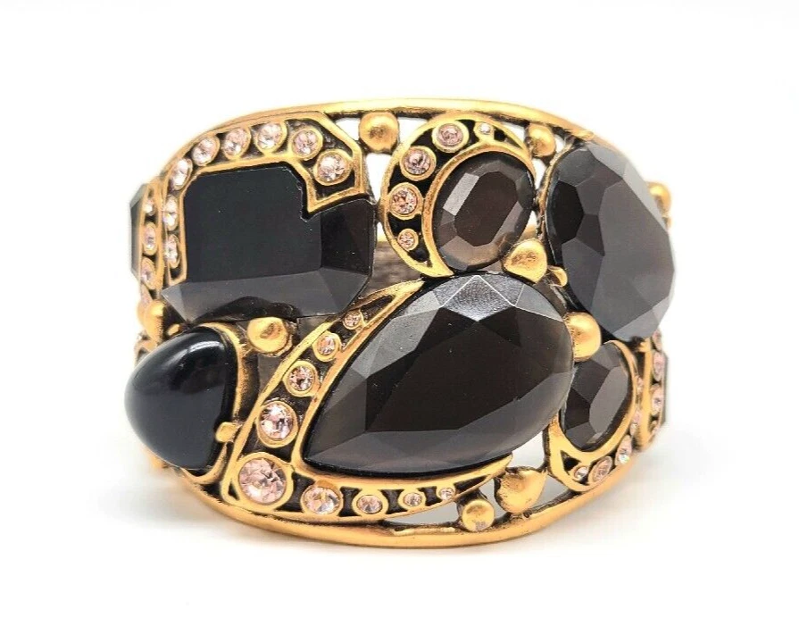 Brazalete con bisagras Oscar de la Renta negro + piedra marrón + cristal de Swarovski