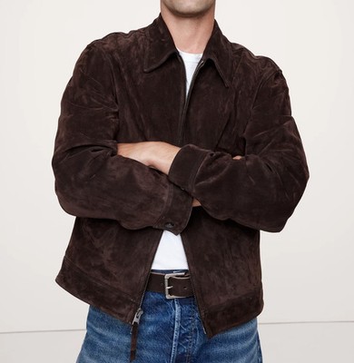 Men Dark Brown Pure Suede Leather Jacket Slim Fit Trucker Custom Size  Jacket
