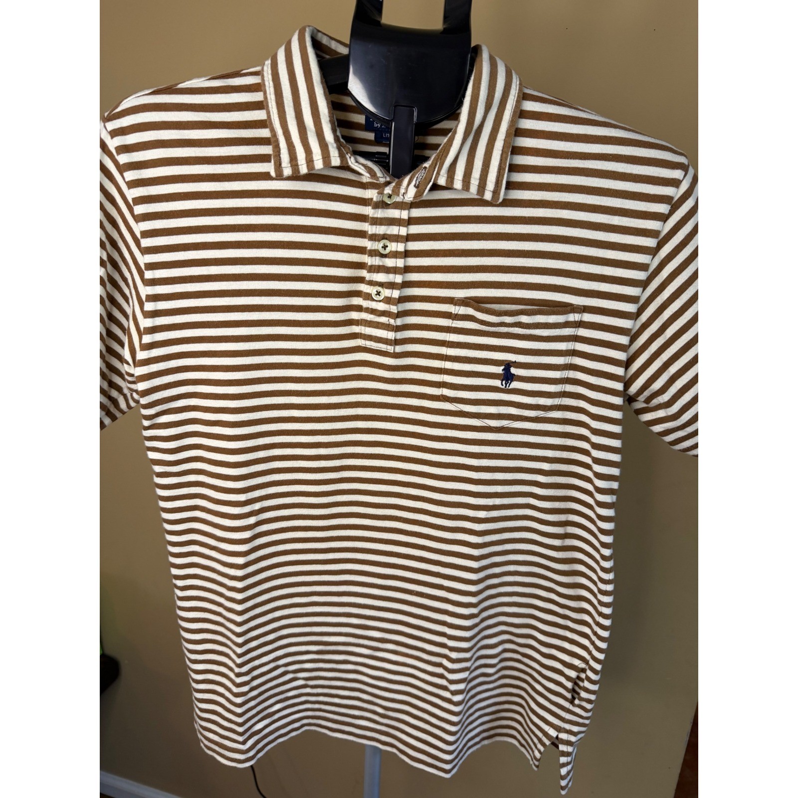 Polo Ralph Lauren Boys L 16/18 Brown White Striped Short Sleeve Polo Shirt