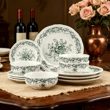 Ceramic Dinnerware Set 12Piece Ornate Edge Dish Set for 4 Vintage Green Floral E
