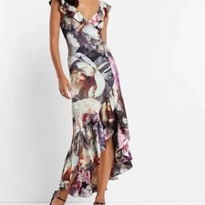 Express Satin Midi Dress Women's 8 Romantic Multicolored Rose Print
