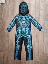 Glow In The Dark Gamer Skeleton Halloween Costume Hooded Fancy Dress 7-8 Years