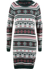 Neu Strickkleid Gr. 36/38 Petrolgrün Gemustert Mini-Dress Langarm Freizeit-Dress