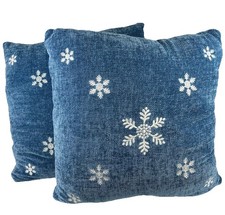 Set 2 White Snowflakes on Blue Christmas Throw Pillows 16  x16  Soft Embroidered