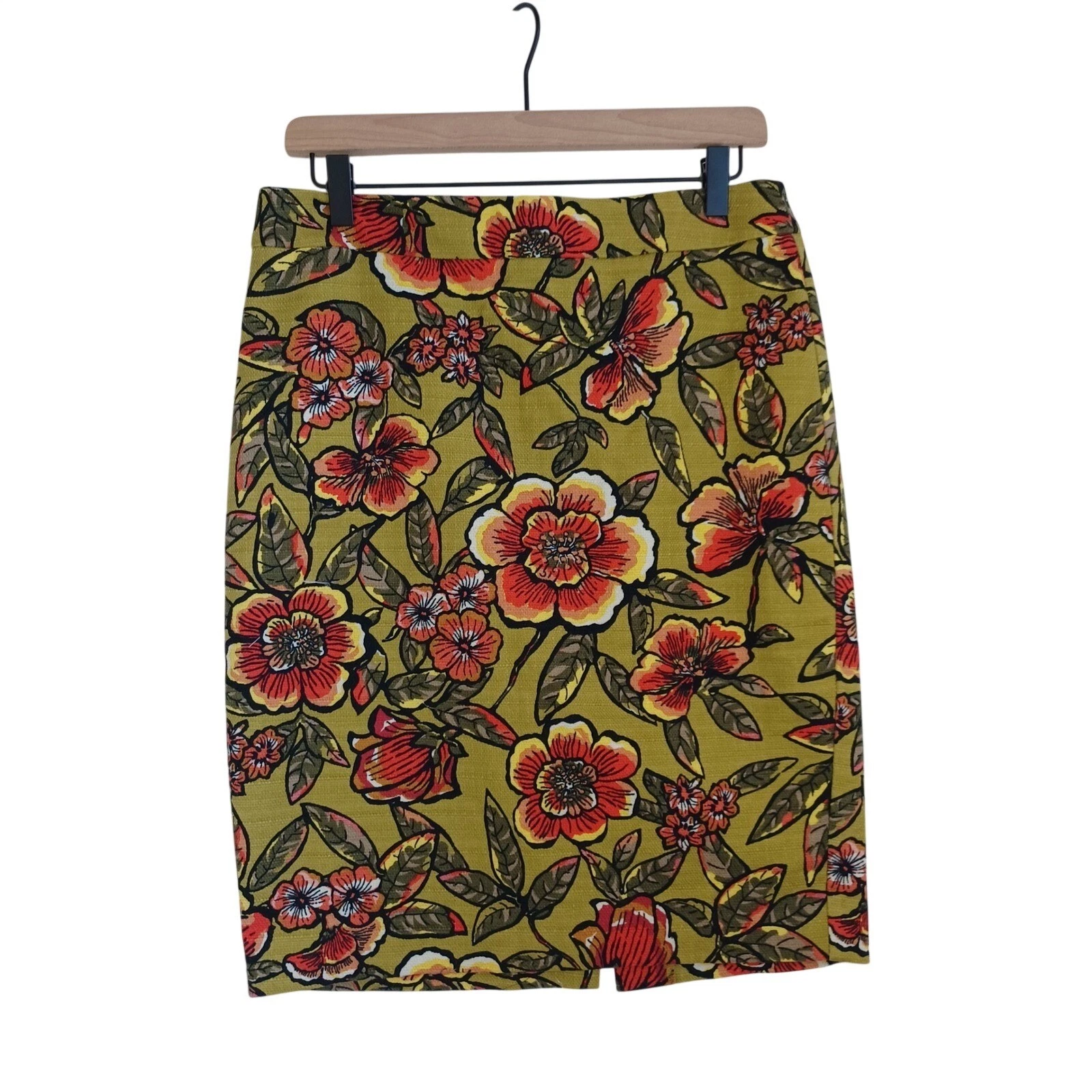 Ann Taylor Loft Womens 8 Floral Pencil Skirt Olive Green Orange Textured Cotton