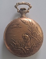 Vintage Arnex 17 Jewel Incabloc Swiss Pocket Watch Gold Tone Hunting Dog Scene