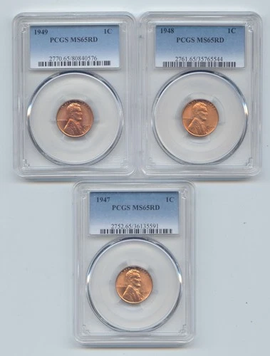 (3) Lincoln Wheat Cent, All PCGS MS-65 RD, 1947, 1948, 1949