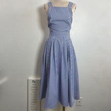SheIn blue striped sleeveless midi swing dress size XS criss-cross back zipper