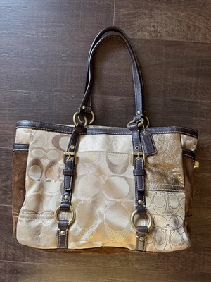 COACH Brown & Gold Patchwork Shopper Tote Turn Lock Bag Purse G06Q-10388 