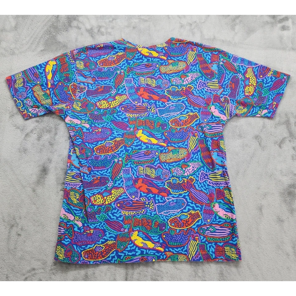 Vintage Ken Done Tee Womens M Blue All Over Fish Print T-Shirt Australia Pop Art - Image 2 of 4