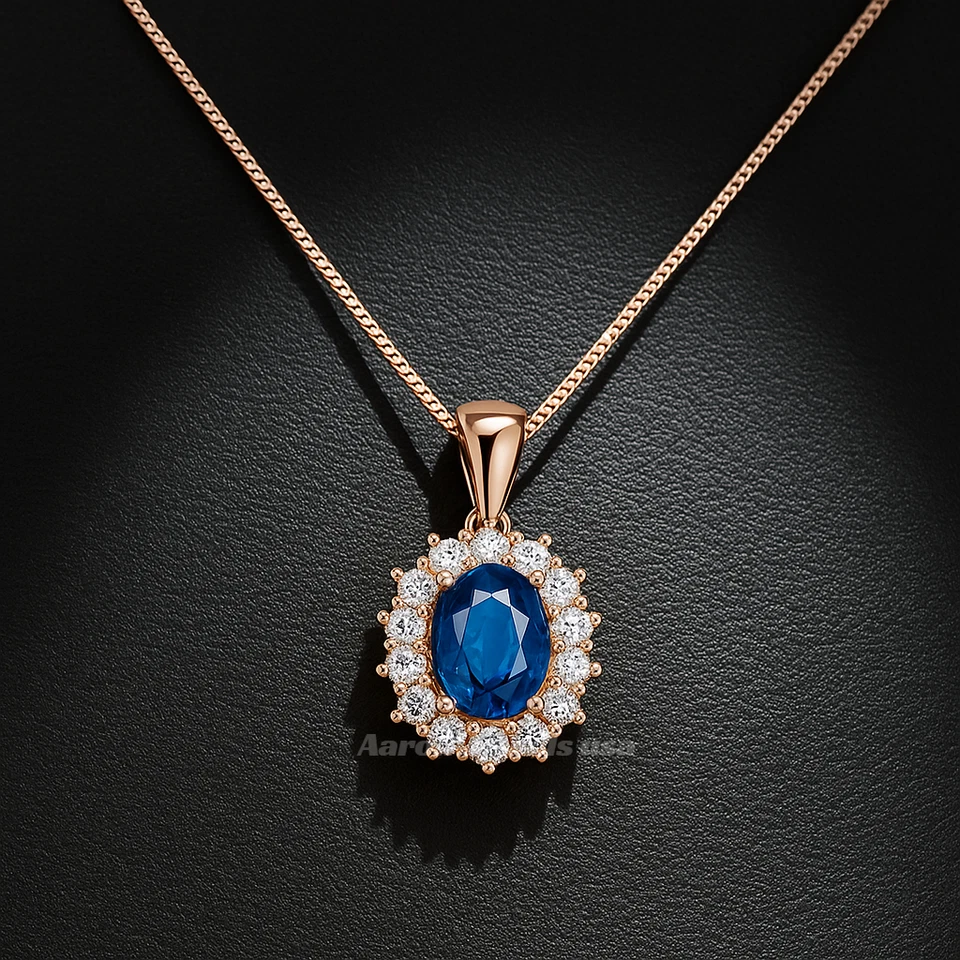 Colgante de diamantes cultivados en laboratorio de zafiro azul e IGI VS1 F de 3,00 quilates de oro rosa de 14 quilates de 18′′ 💎 Foto 4 de 4