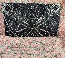 NEW Black Formal Beaded Embellished Dress Clutch With Silver Metal Chain Strap