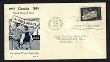 Canada #375, 1958 5¢ Newspaper H&E 1 cachet FDC