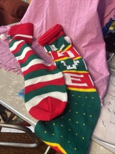 Lot of 2 Vintage Long Knit Christmas Stockings With Pom Poms Striped Love