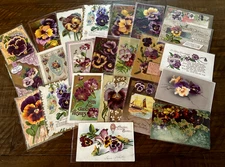 LOT of 25 Antique Greetings Postcards with~PANSY~Flowers Floral~In Sleeves~m101
