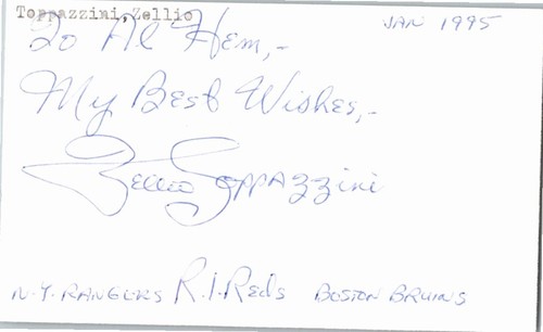 -Zellio Toppazzini- (d.2001) Signed/Autograph/Auto Index Card NY Rangers NHL
