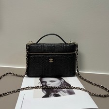 Women's Black Croc-Embossed Cosmetic Bag, Gold Chain Shoulder Purse