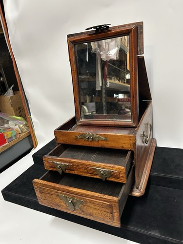 Antique Asian Hardwood Vanity Box with Folding Mirror and Drawers