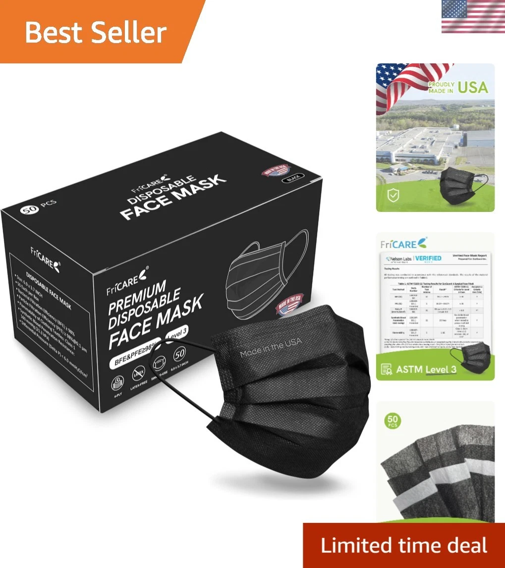 Disposable Face Masks 4-Ply ASTM Level 3 Medical Grade Breathable 50 Pack Black
Opens in a new windo