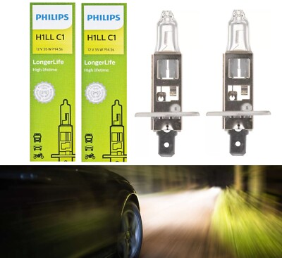 Philips Longer Life H1 55W Two Bulbs Head Light Replacement Plug Play High Beam