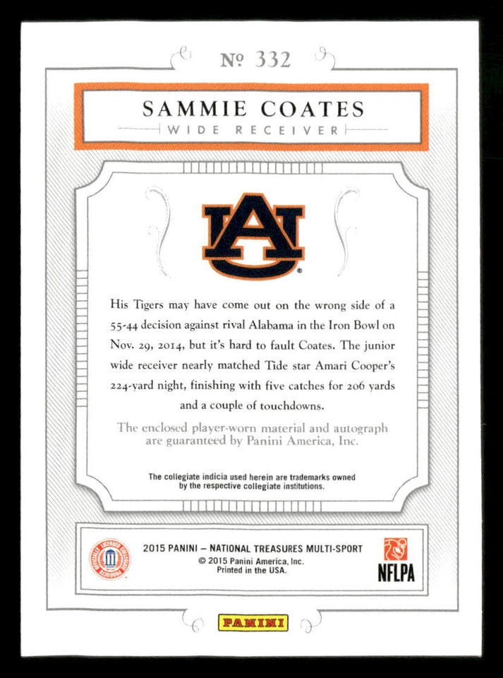 2015 National Treasures Sammie Coates #332 Colossal RC ON CARD AUTO /99 Auburn - Image 2 of 2