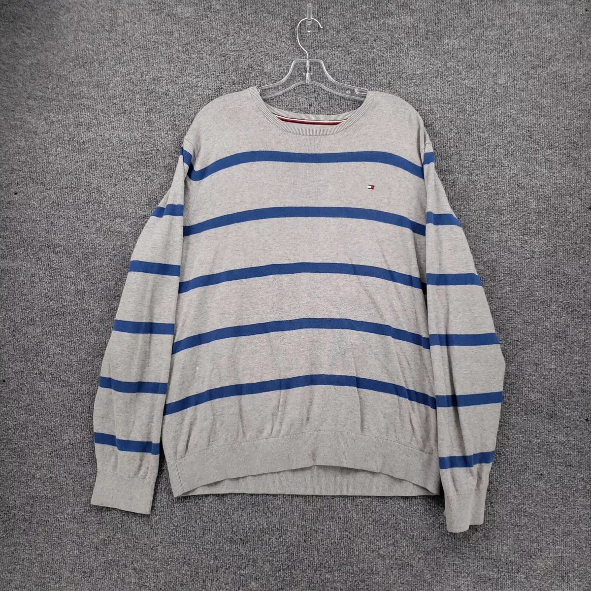 Tommy Hilfiger Sweater Men XL Gray Pullover Crew Neck Striped Long Sleeve Cotton