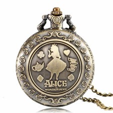 Vintage Pocket Watch with Chain Engraved Watches Girls Alice in Wonderland Gifts