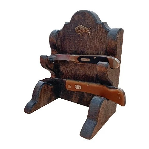 Expositor de soporte de cuchillo de madera rústico de dos lugares con acento de búfalo de latón Foto 2 de 4