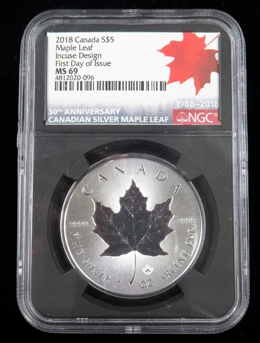 2018 Canada Maple Leaf $5 1 oz Silver Incuse Design ~ NGC MS 69 First Day Issue