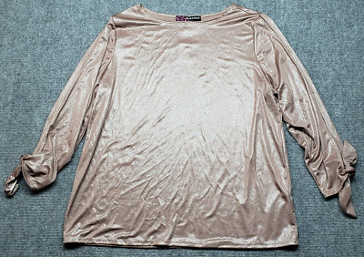 Peck & Peck Top Blouse Womens L Glossy Beige Boat Neck Long Slit Sleeve New