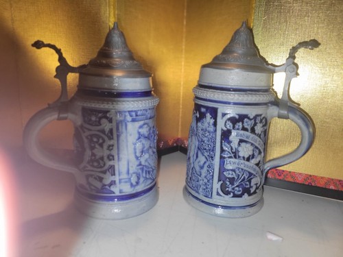 Lot of 2 Vintage German Ceramic Beer Stein with Pewter Lids - Picture 2 of 10