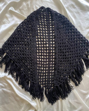 Vintage Black Crochet Fringe Poncho Cape Boho MCM One Size Cottagecore