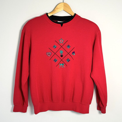Vtg Koret Sport Red Embroidered Sweatshirt Women's Petite M Pullover 90s Style