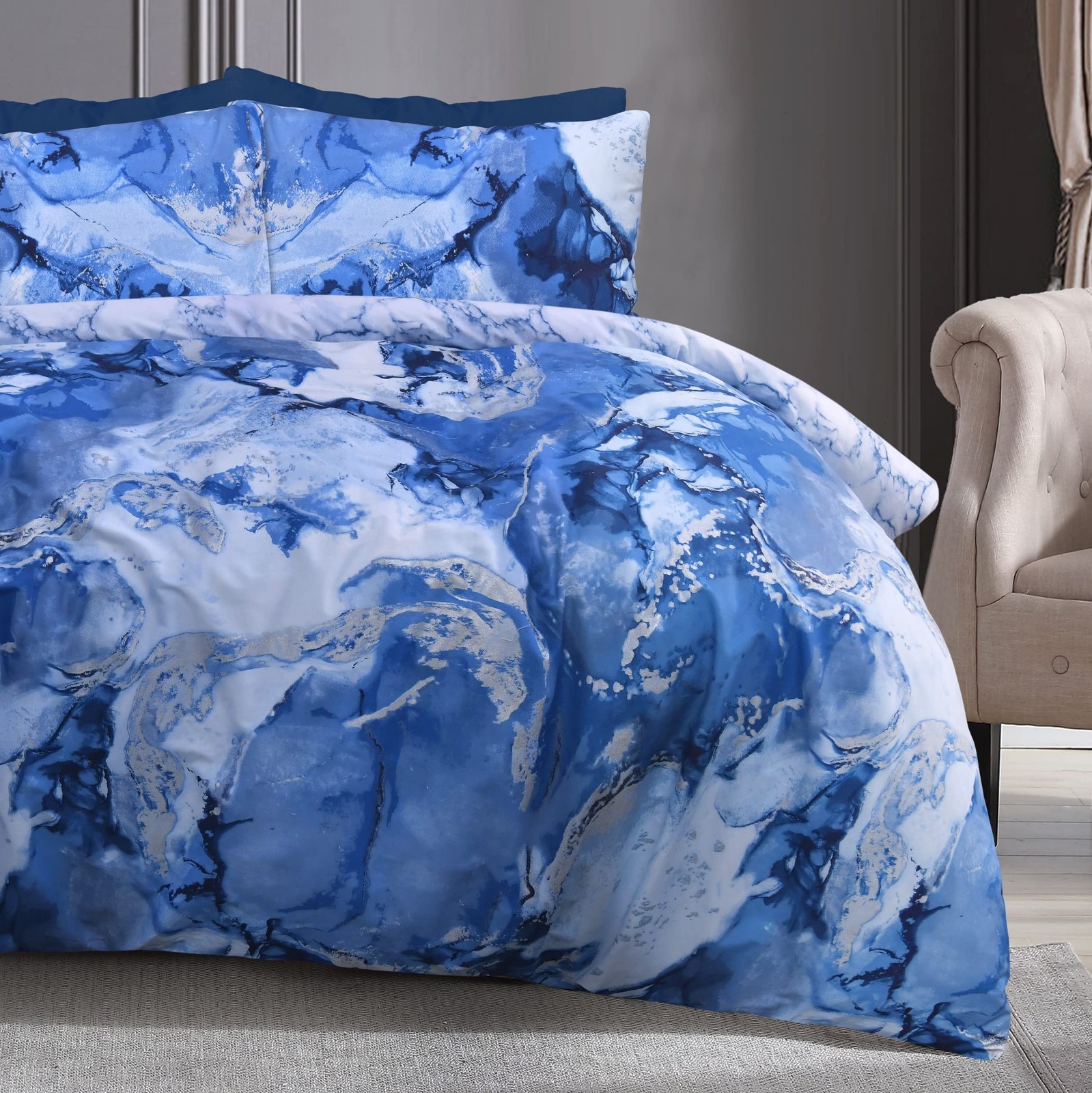 Sleepdown Metallic Marble Sparkle Glitz Blue Silver Reversible Soft Easy Care