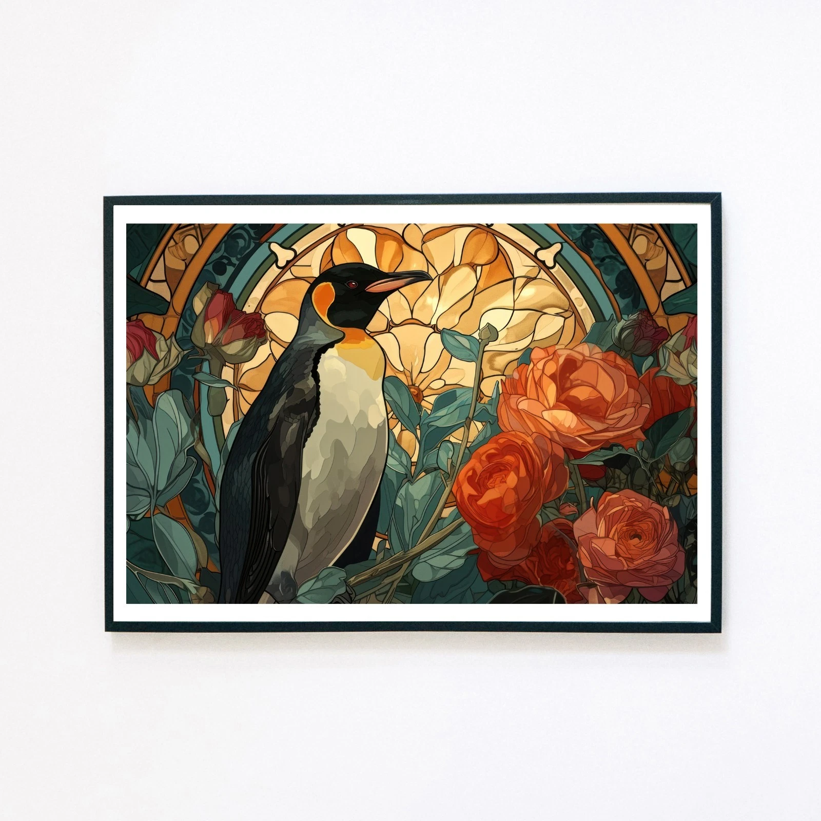 Penguin Stain Glass Bird Flower Botanical Illustration 7x5 Wall Decor Art Print