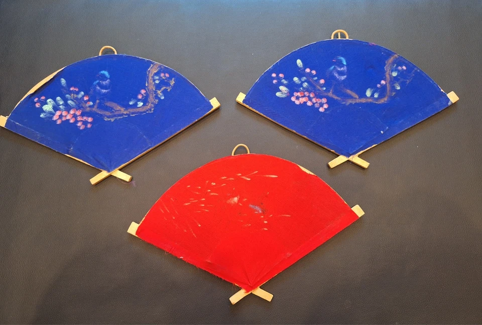 3 abanicos de bambú orientales japoneses pintados a mano asiáticos colgantes de pared arte floral de ratán Foto 4 de 4