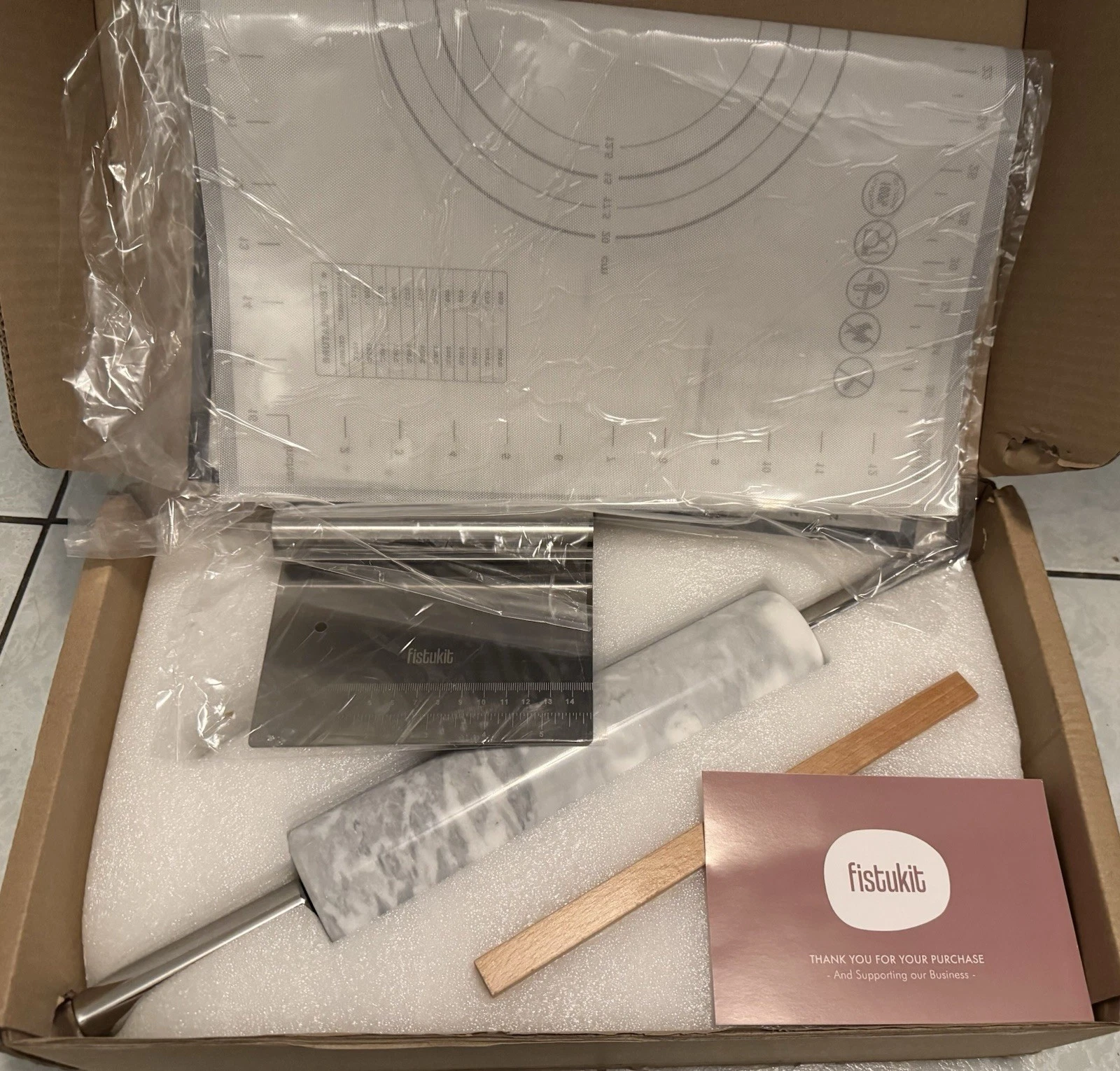 White Marble Rolling Pin With Stainless Steel Handles Baking Set