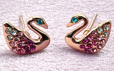 Earrings. Rose Gold Tone Delicate/Small Pink Crystal Swans w/Green Eyes. 1/2''