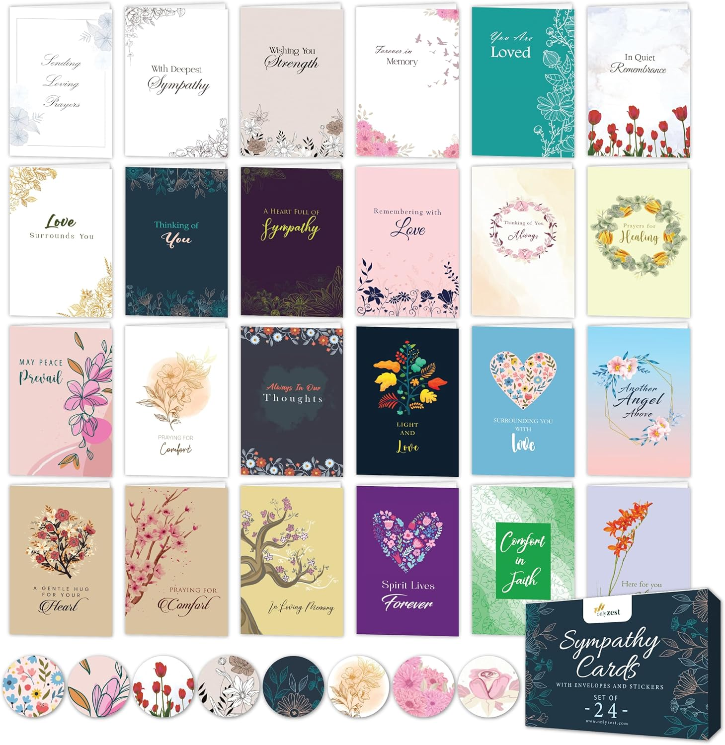 Box of Sympathy Cards with Envelopes, 24 Pack Condolence Card for Bereavement, L