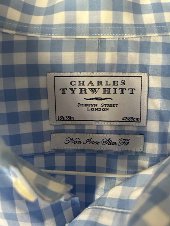 Camisa de vestir Charles Tyrwhitt 16,5/35, calce ajustado, puños franceses, azul, amarillo Foto 2 de 2