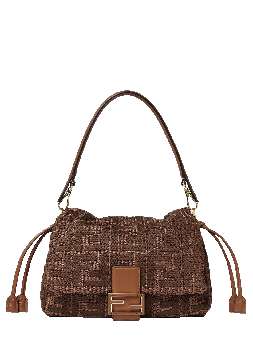 FENDI Mamma Baguette Medium $3900 Sellier Brown Raffia Effect Shoulder Bag New