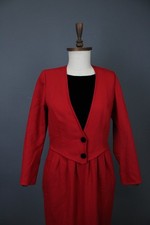 Valentino Miss V Red Lana Wool V-Neck Two Button Pleated Skirt Dress Size 44