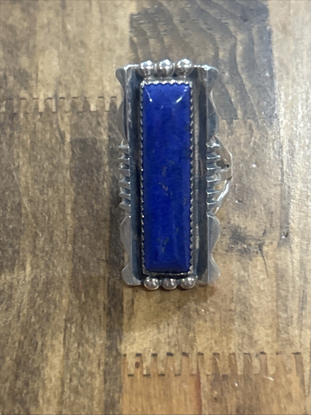 925 Silver Rectangle Lapis Lazuli Ring Serrated W… - image 1