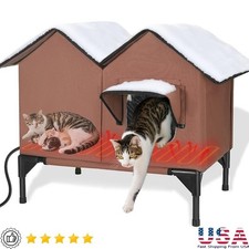 Heated Outdoor Cat Shelter Warm Winter House Weatherproof Safe Feral Cats Brown