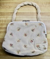 VINTAGE AS IS BEADED INSIDE AND OUT WHITE with FLOWER PATTERN PURSE BAG HANDBAG
